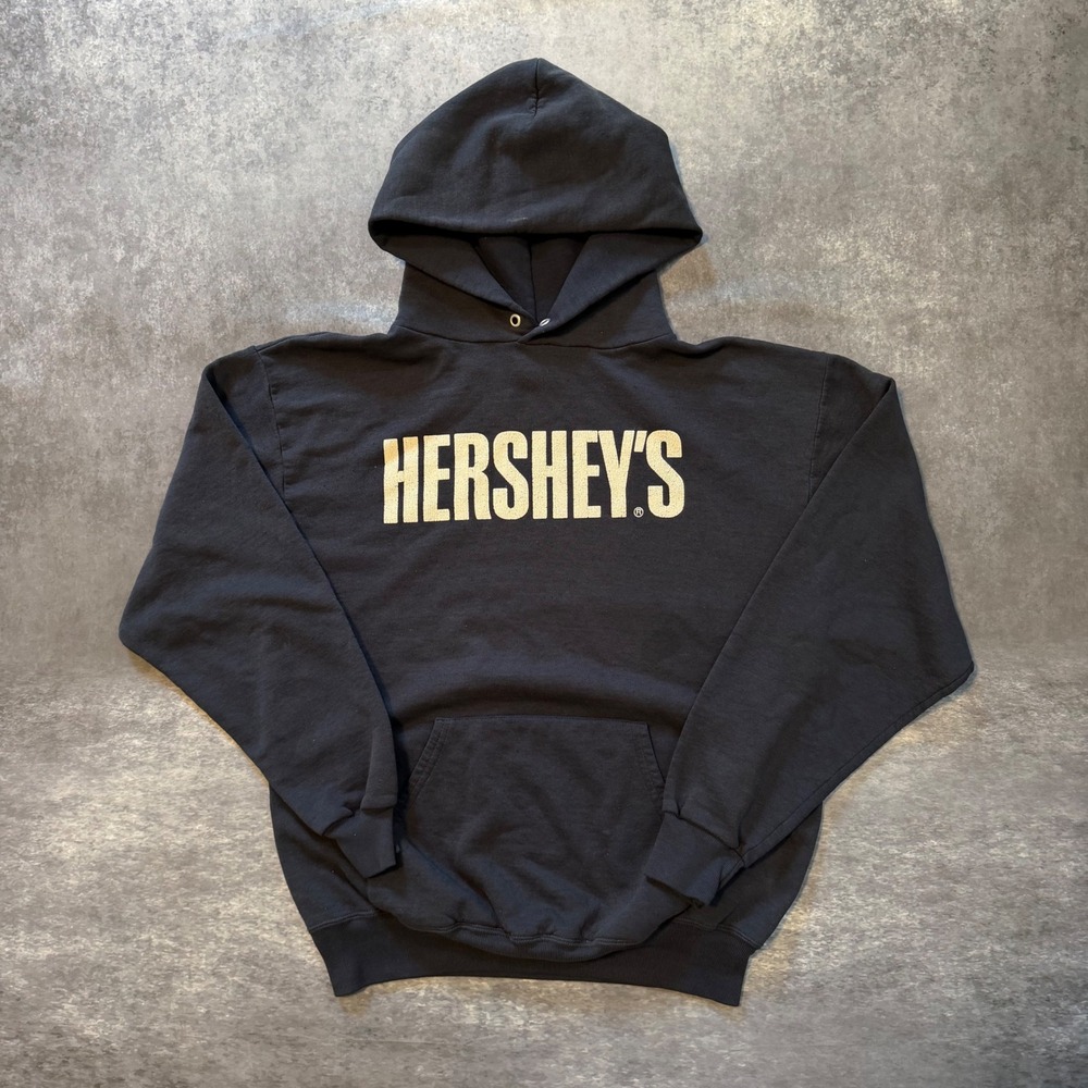 Vtg 90s Jerzees NuBlend Hersheys Chocolate Hoodie Navy Blue Sweatshirt Mens M